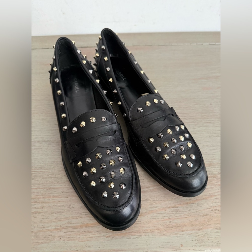 Caroll Paris Studded Black Leather Slip On Loafers EU‎ 40 Punk Chic Day To Night